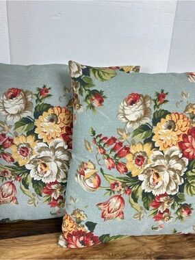 2 Pottery Barn Floral Outdoor Pillows in Light Blue with Multicolor Blooms